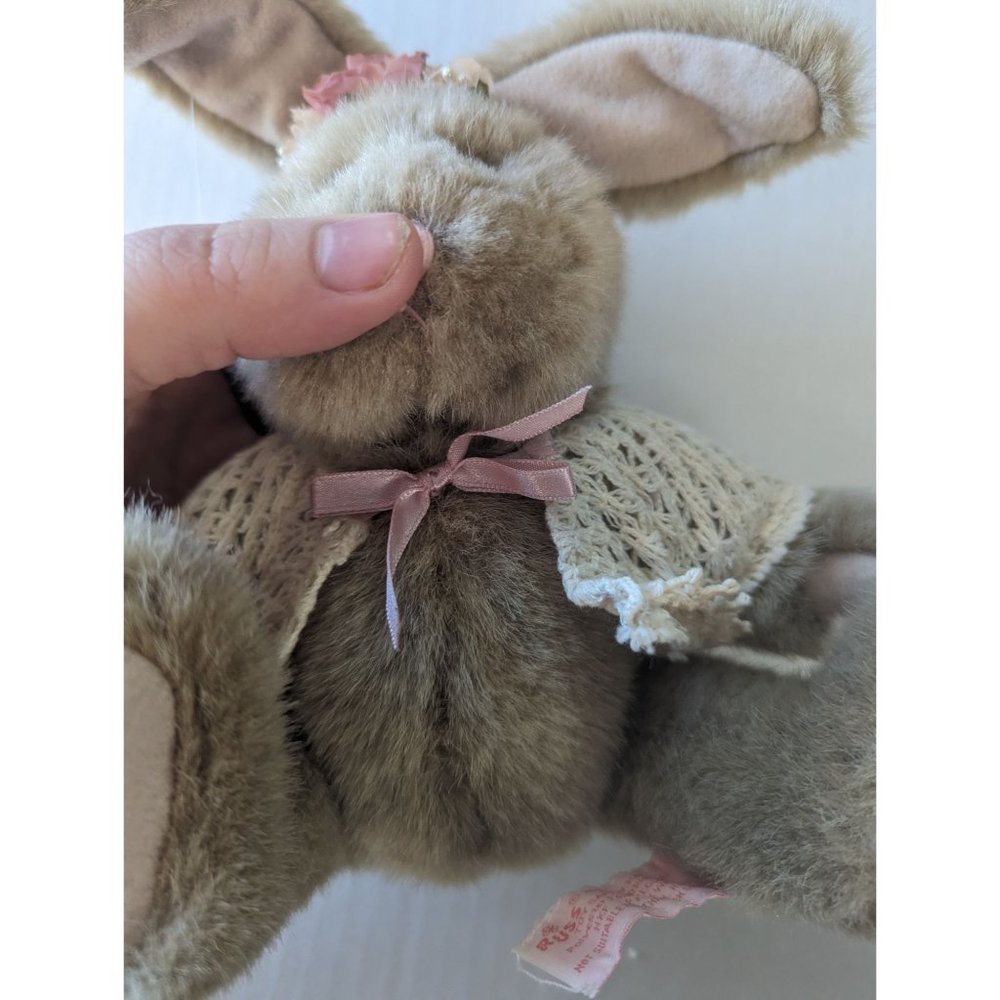 Russ Misty jointed stuffed rabbit pink ribbon flower w/shall tan beige fur 6 in - Picture 5 of 7